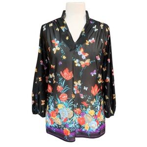 Vintage 70’s 3/4 sleeved sheer pull over blouse with butterfly and florals SZ M